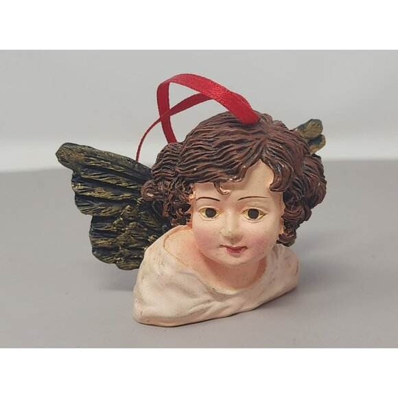 Set Of 3 Resin Angel Cherub Ornaments With Green Wings & Red Ribbon‎ Hangers - Picture 9 of 11